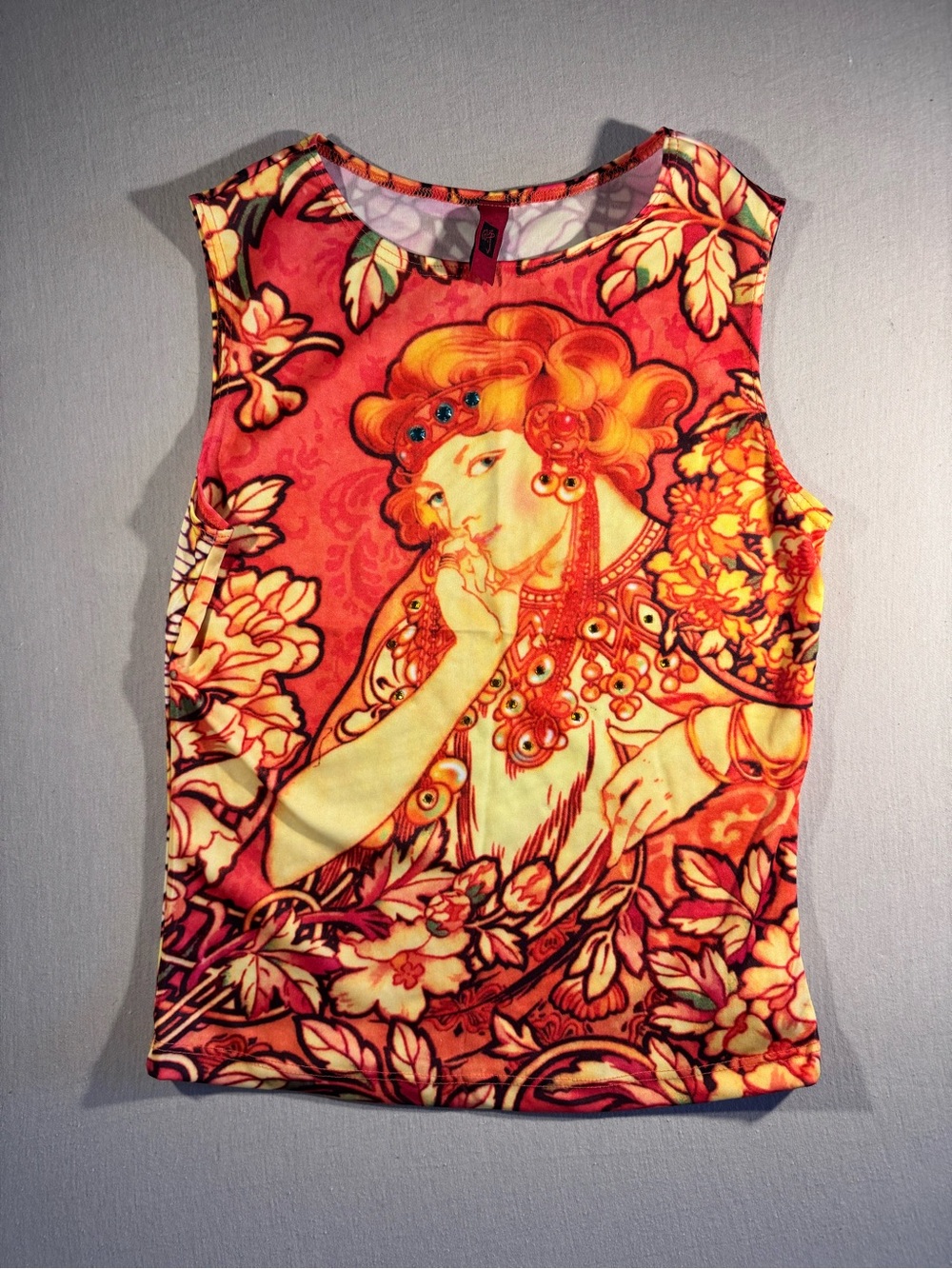 RARE Vintage Y2K Just In Time USA Art Nouveau Rhinestone Portrait Tank Top